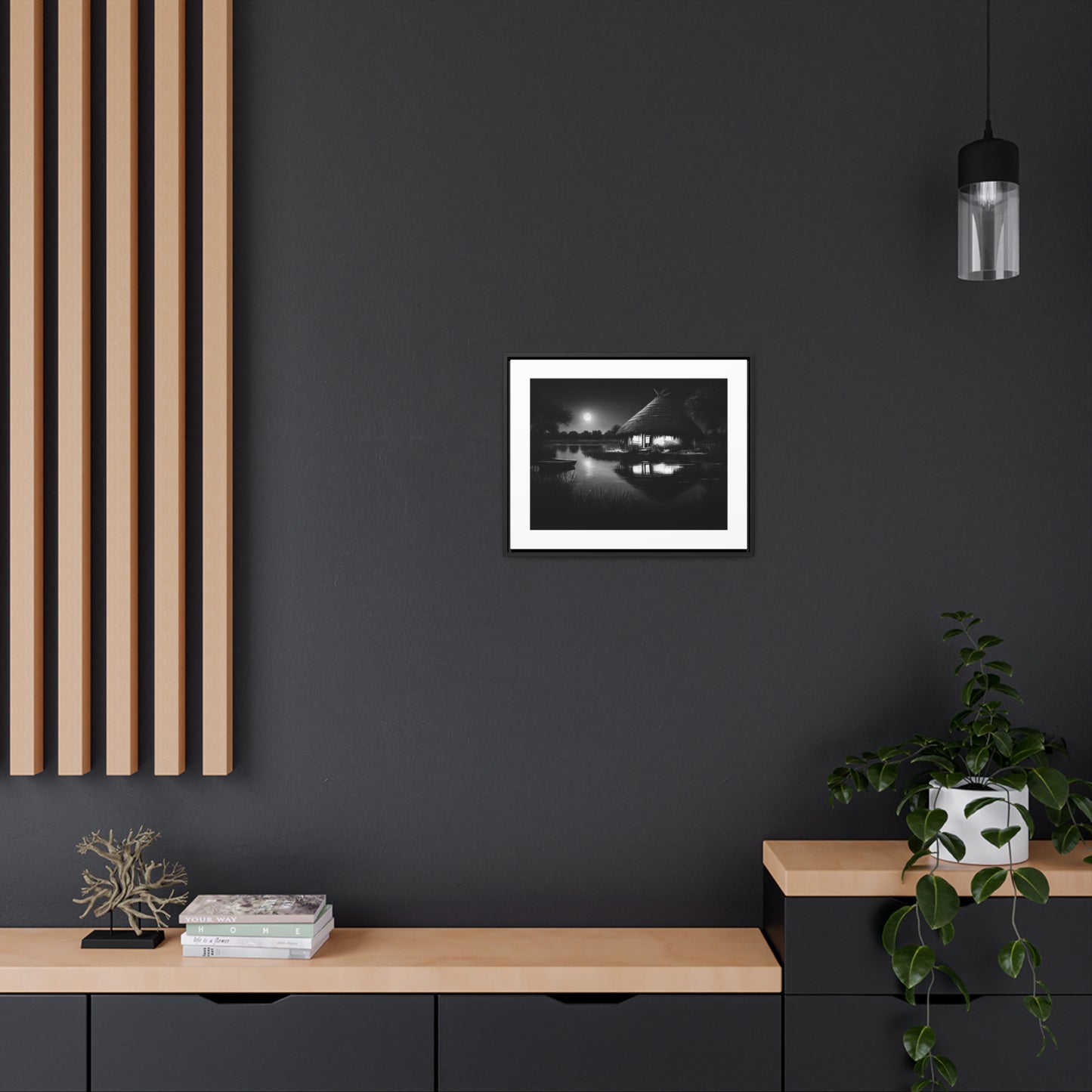 Moonlit Serenity - Framed Canvas b&w Wall Art