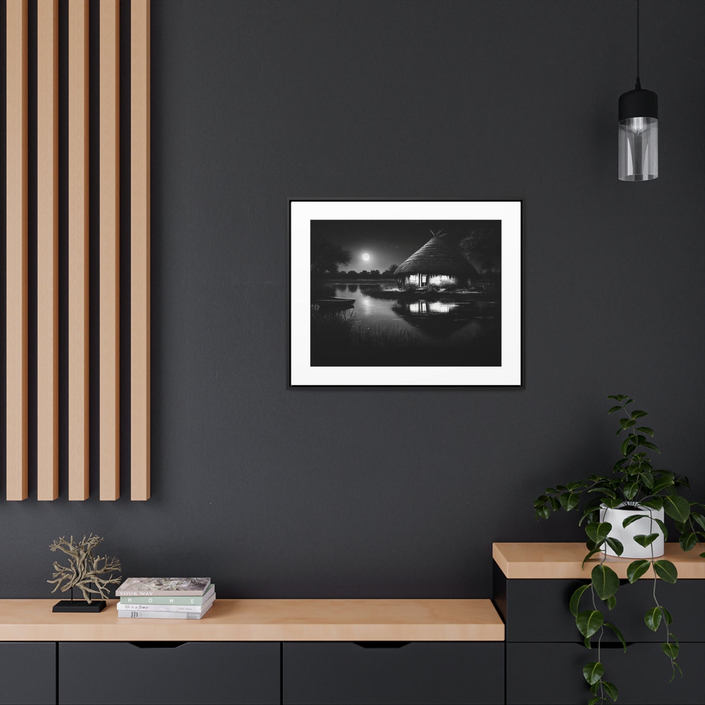 Moonlit Serenity - Framed Canvas b&w Wall Art
