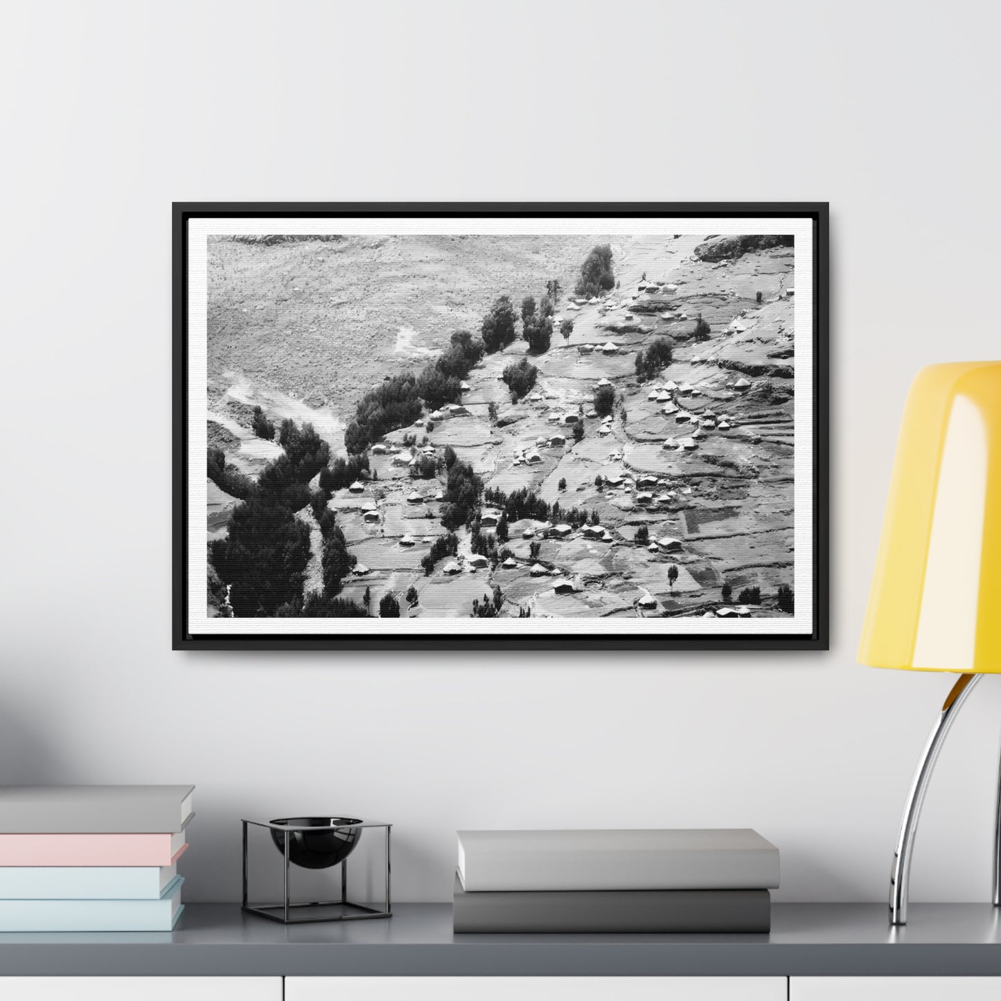 The Simien Mountain Village - Framed Canvas b&w Photography