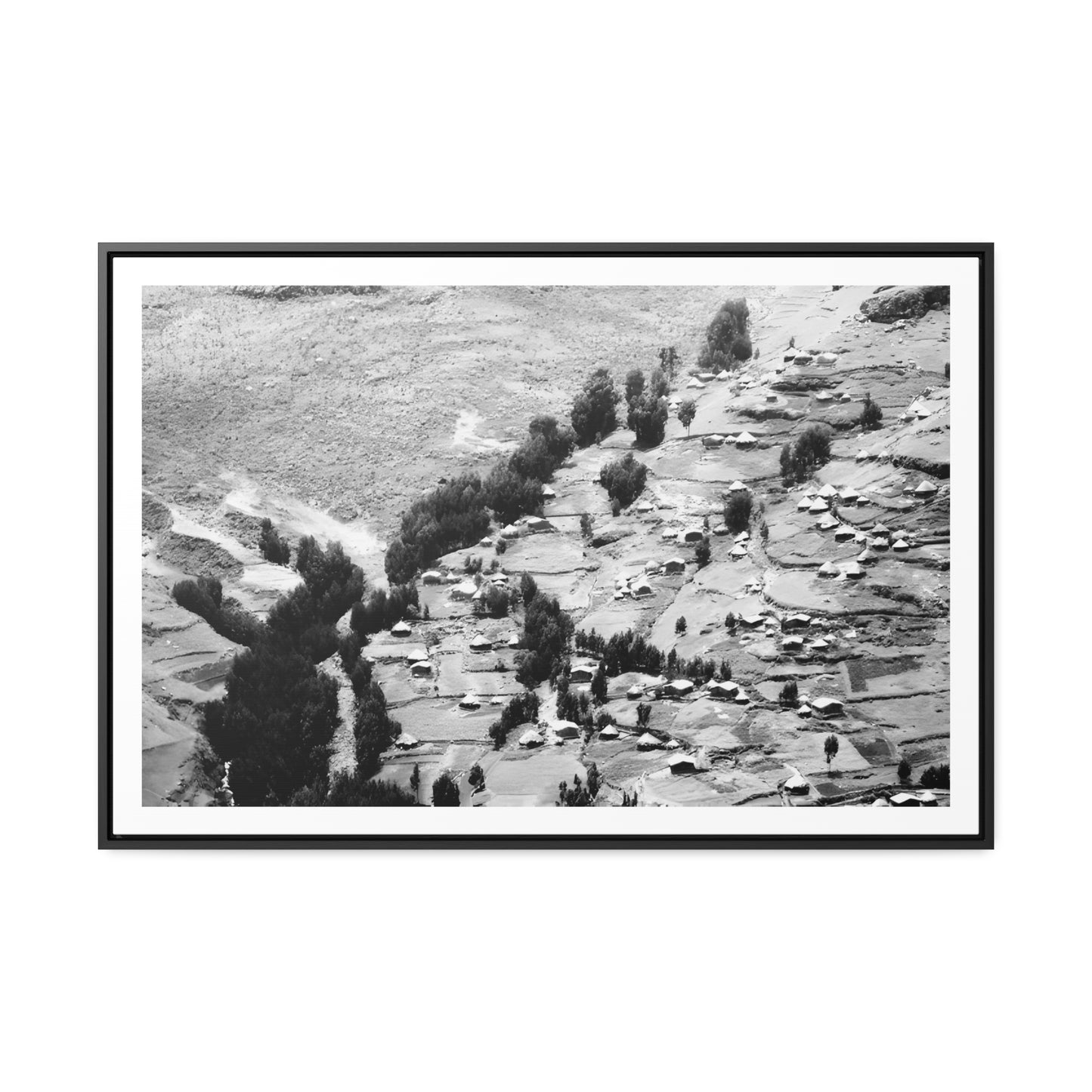 The Simien Mountain Village - Framed Canvas b&w Photography