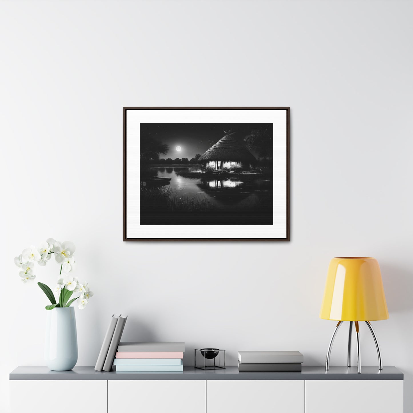 Moonlit Serenity - Framed Canvas b&w Wall Art