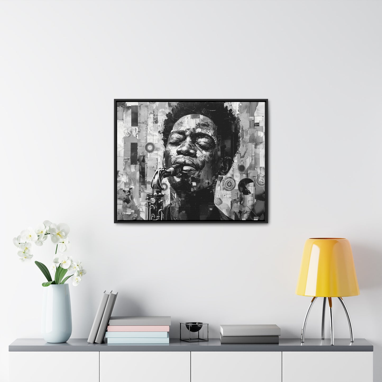 Soul of the Sax - Framed Canvas b&w Wall Art