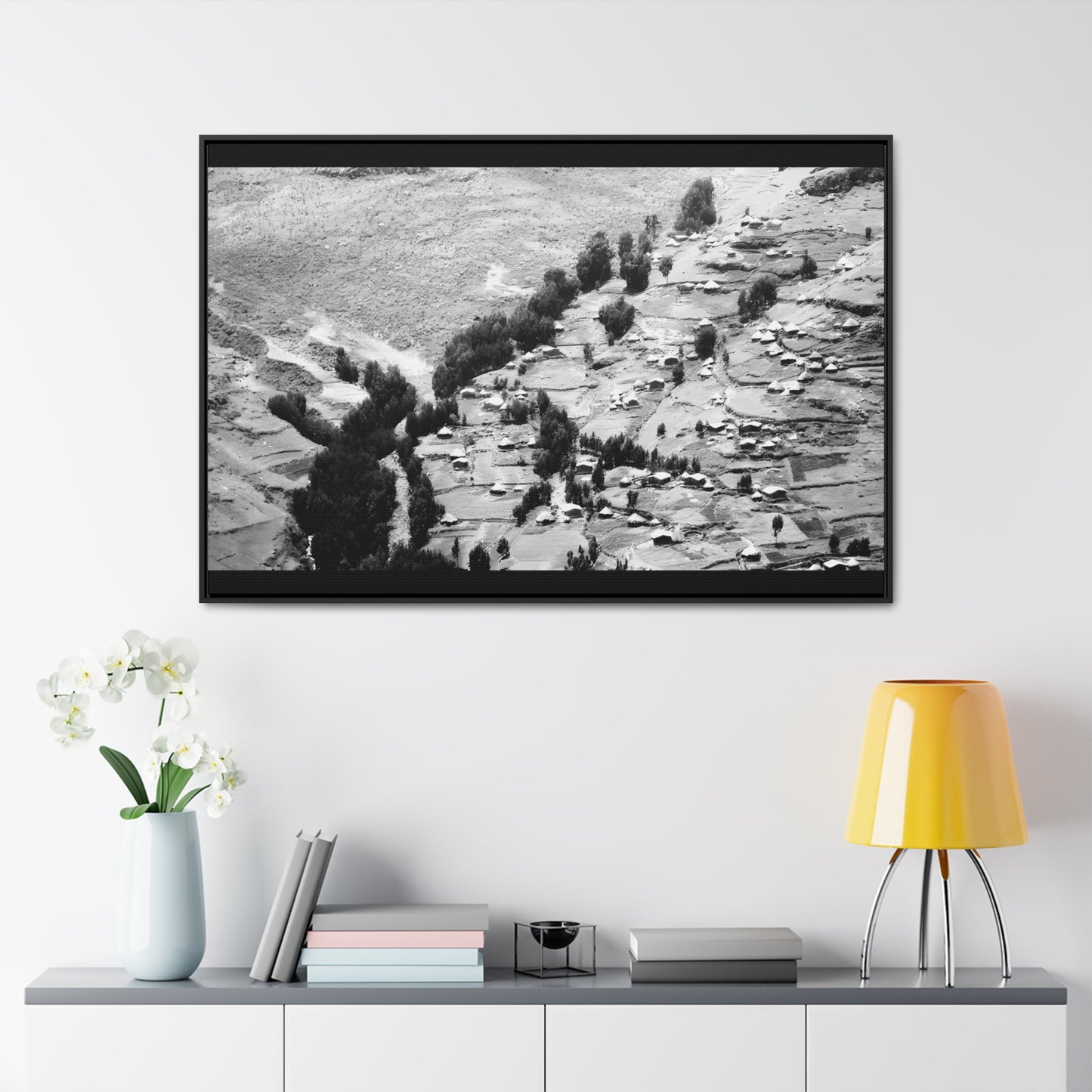 The Simien Mountain Village - Framed Canvas b&w Photography