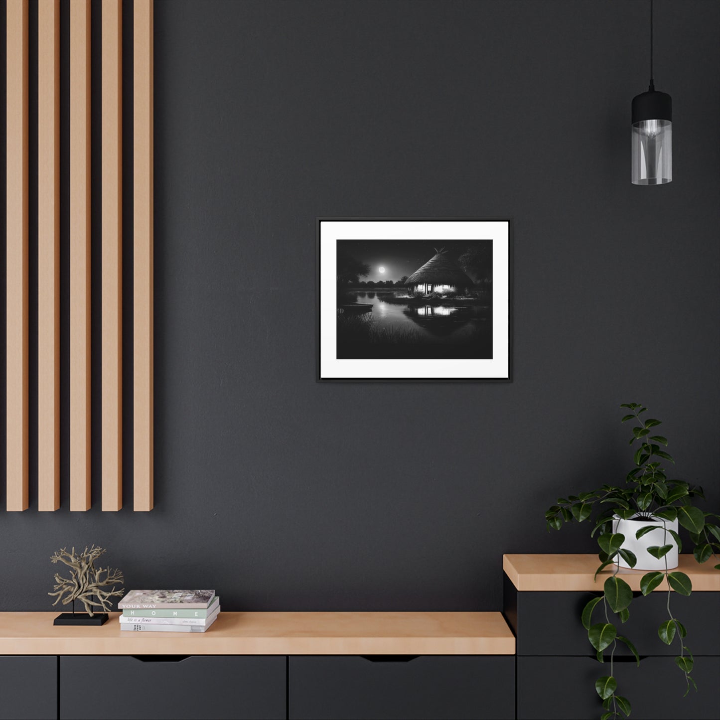 Moonlit Serenity - Framed Canvas b&w Wall Art