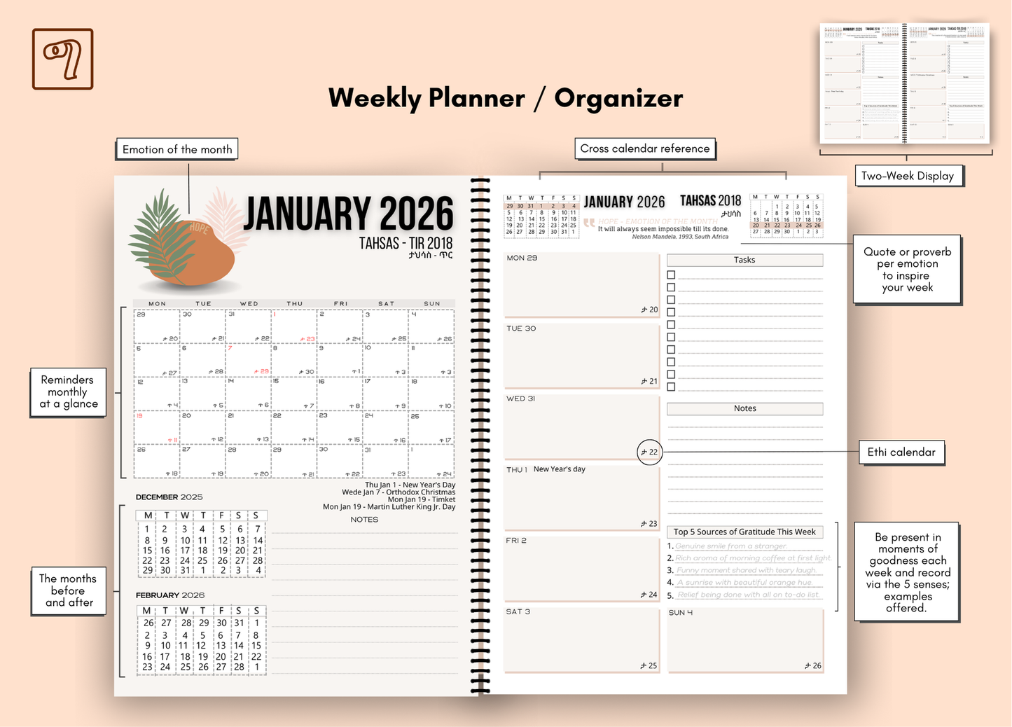 2026 Planner / Organizer - daily | weekly | monthly - Dual Calendar + 5 Themed Insert Bundles + Canva Templates