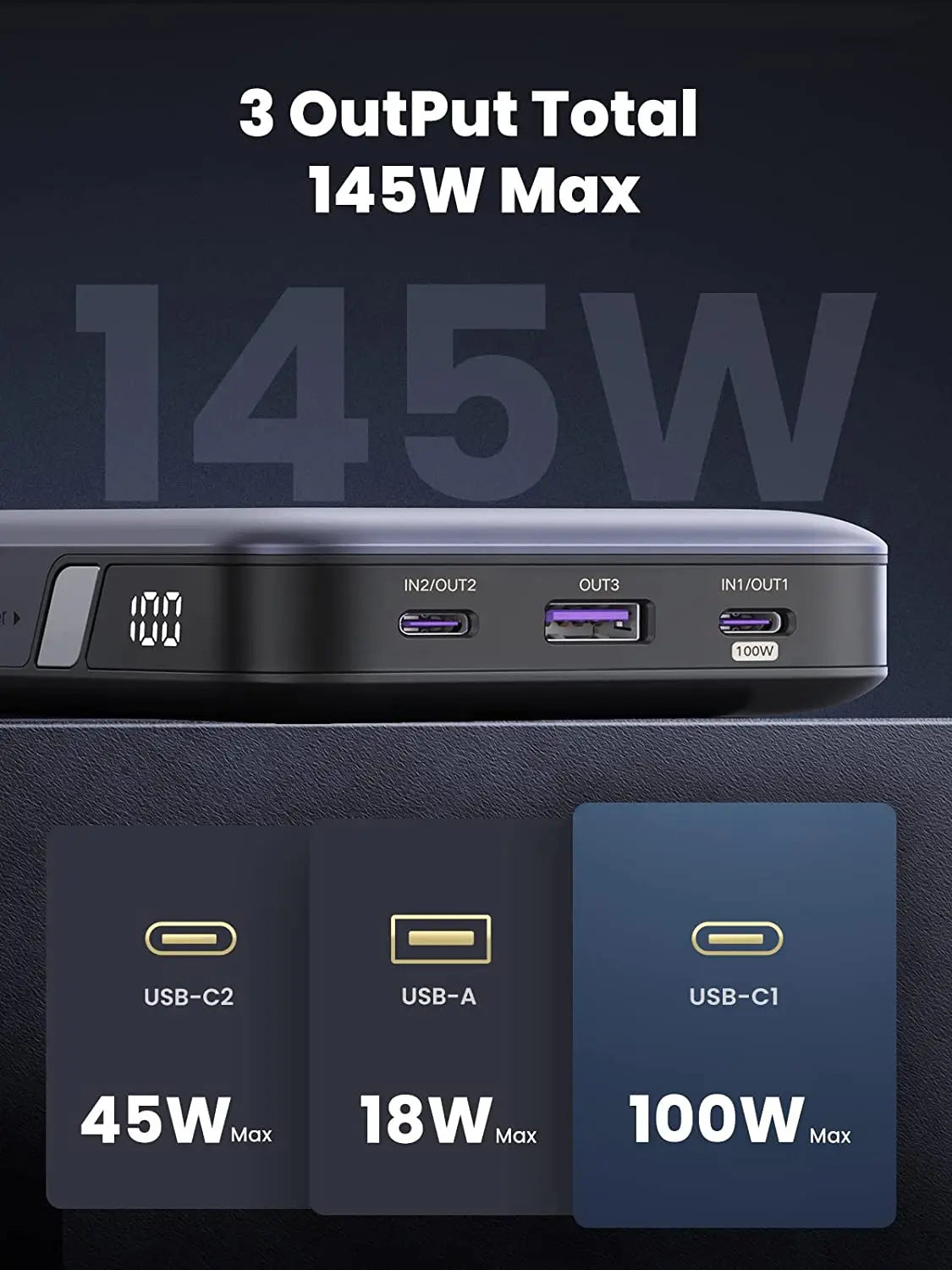 UGREEN 145W Power Bank, 25000mAh Portable Charger, 3-Port USB C PD3.0 Battery Pack, Digital Display, 65W Fast Recharge