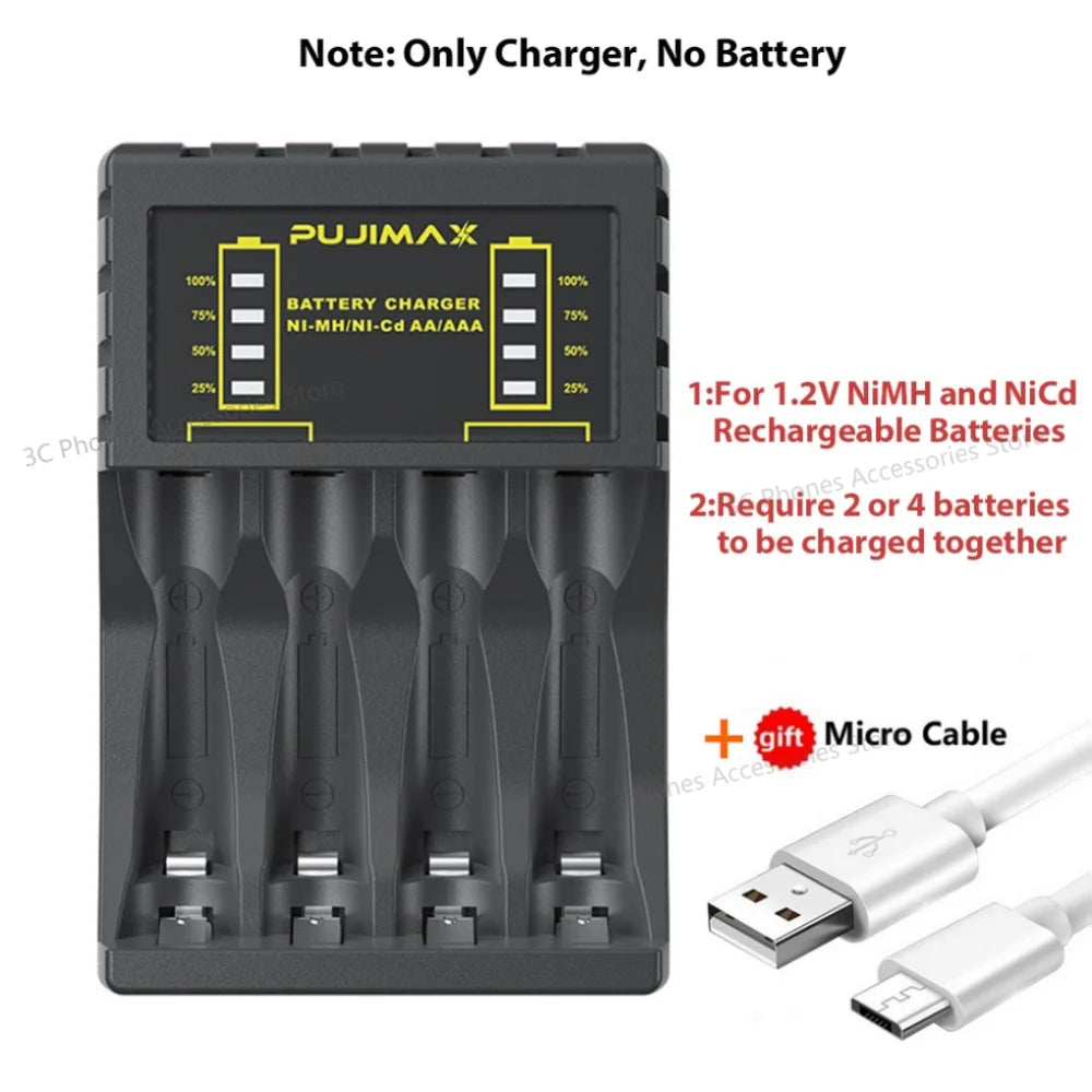 Battery Charger 4 Slot Intelligent Fast Charge with Indicator for 1.2V NiMH NiCd AAA/AA Rechargeable Batteries USB-C Micro Jack