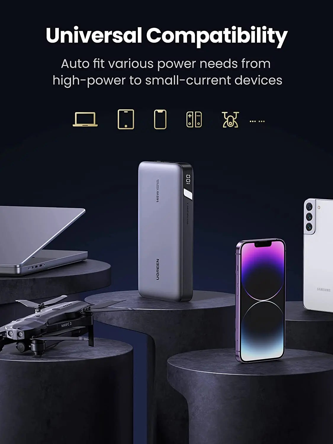 UGREEN 145W Power Bank, 25000mAh Portable Charger, 3-Port USB C PD3.0 Battery Pack, Digital Display, 65W Fast Recharge