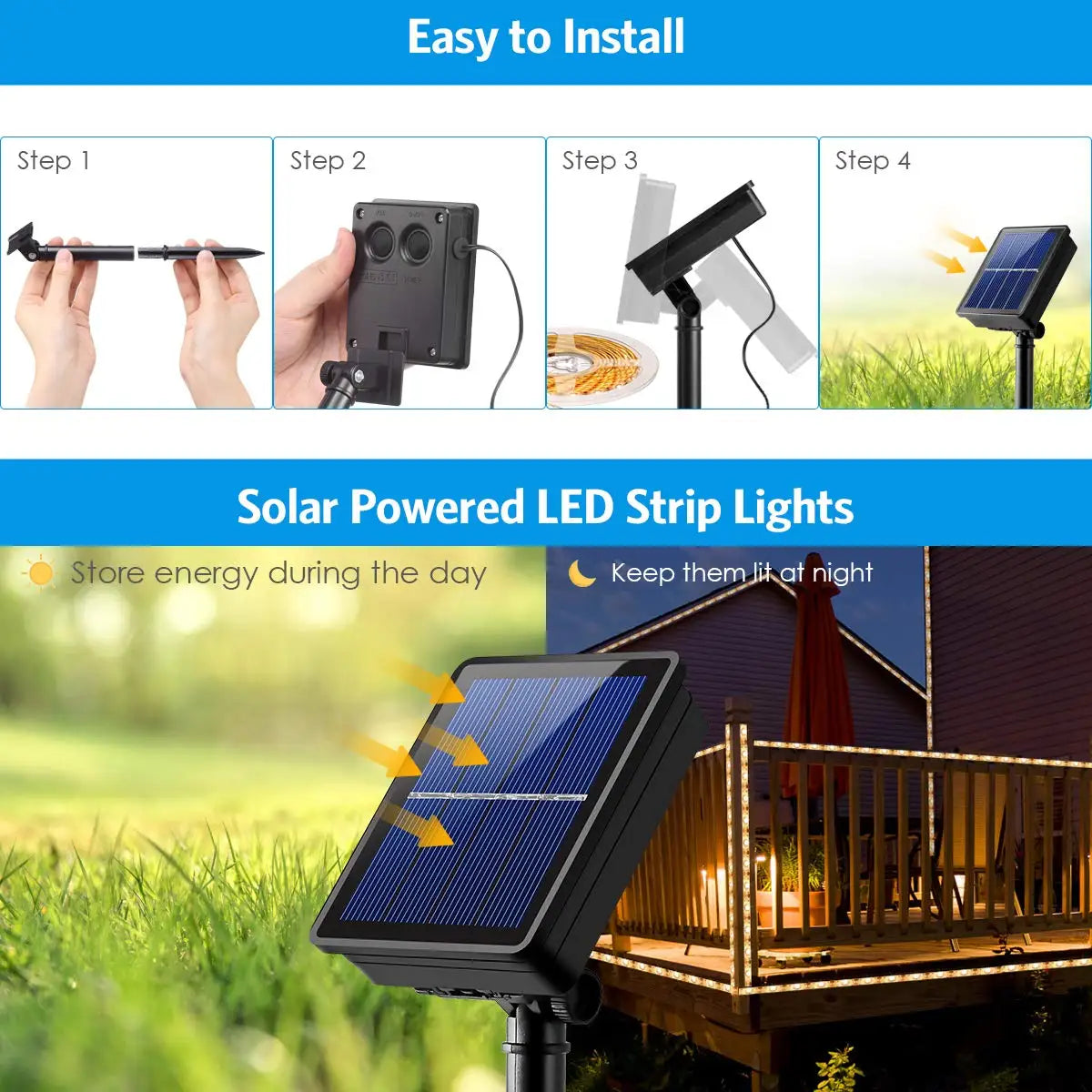 Solar-Powered LED Strip Light - 150 LEDs, 16.4ft, 8 Lighting Modes, Waterproof for Outdoor Holiday & Patio Decoration