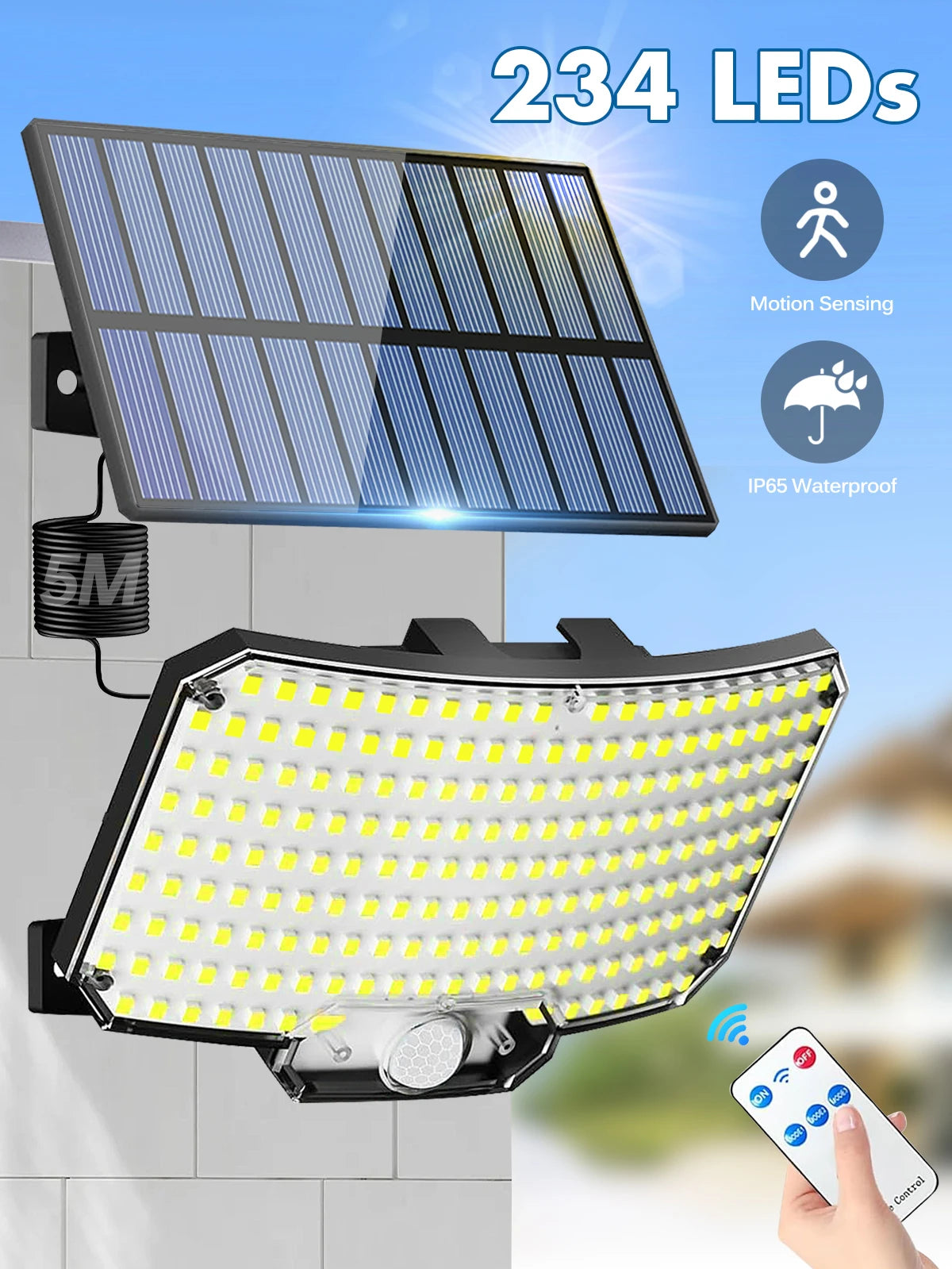 Solar-Powered Motion Sensor Flood Lights - 234LED, 3 Modes, Remote Control, IP65 Waterproof for Outdoor Security
