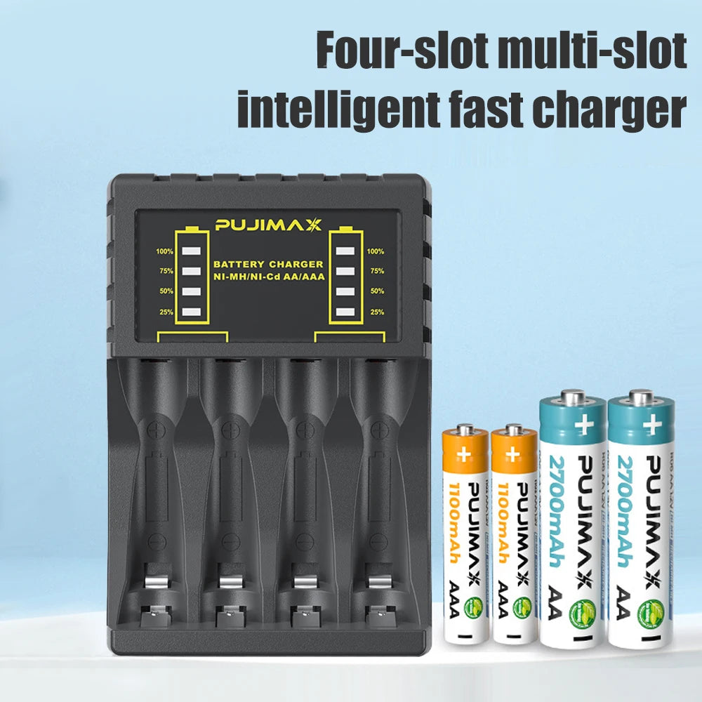 Battery Charger 4 Slot Intelligent Fast Charge with Indicator for 1.2V NiMH NiCd AAA/AA Rechargeable Batteries USB-C Micro Jack