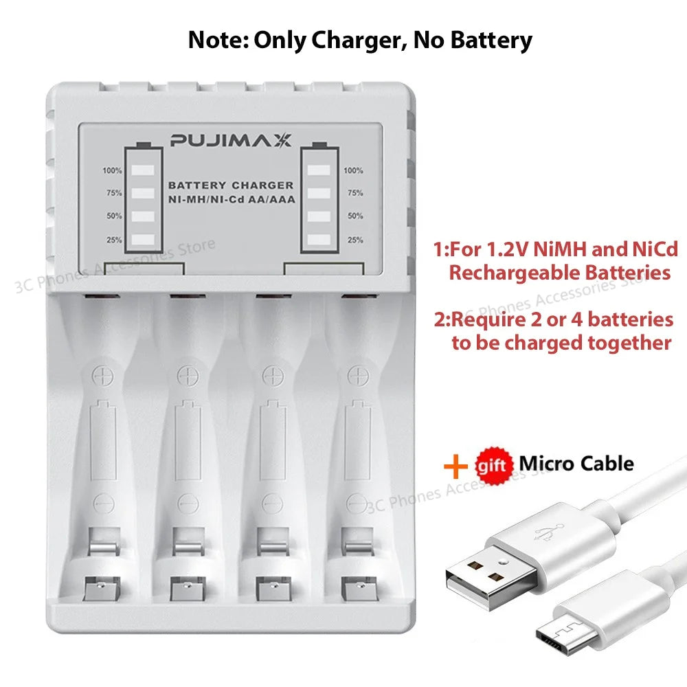 Battery Charger 4 Slot Intelligent Fast Charge with Indicator for 1.2V NiMH NiCd AAA/AA Rechargeable Batteries USB-C Micro Jack