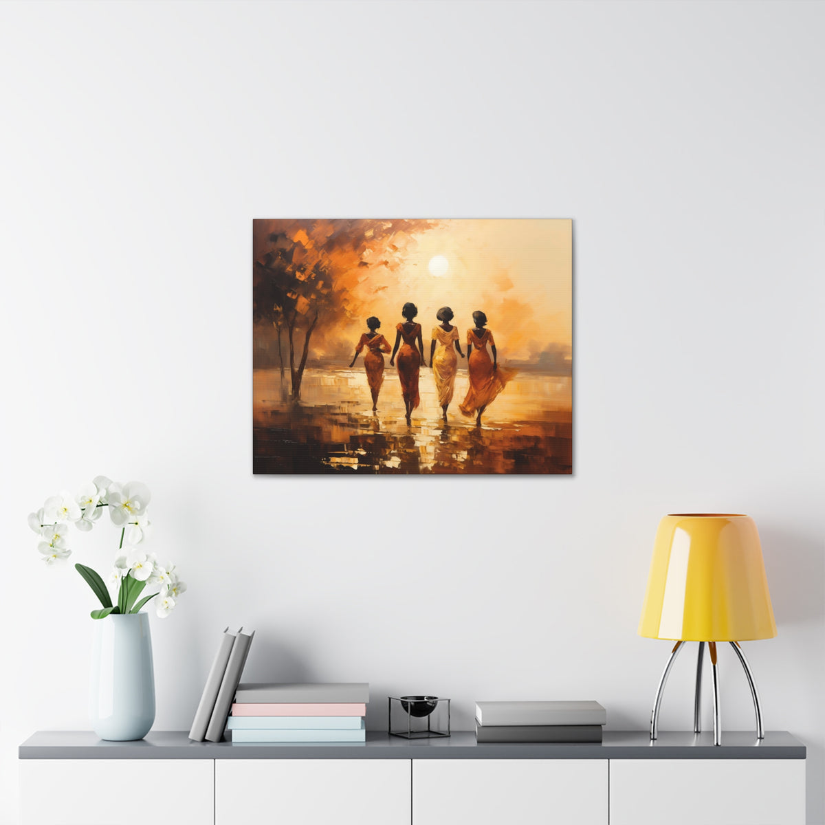 Four ladies by river bank sun Canvas Gallery Wraps