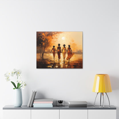Four ladies by river bank sun Canvas Gallery Wraps