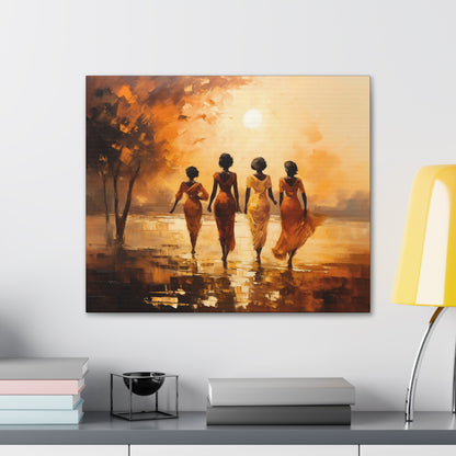 Four ladies by river bank sun Canvas Gallery Wraps