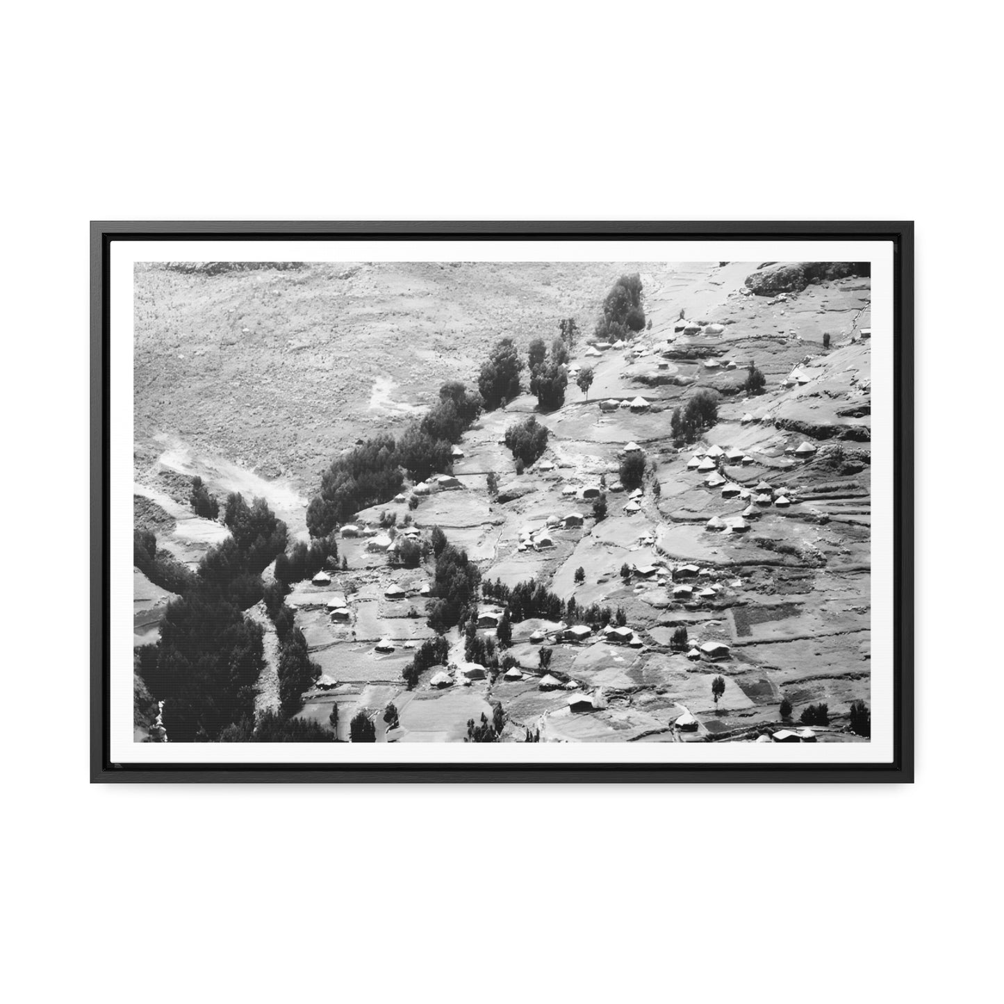 The Simien Mountain Village - Framed Canvas b&w Photography