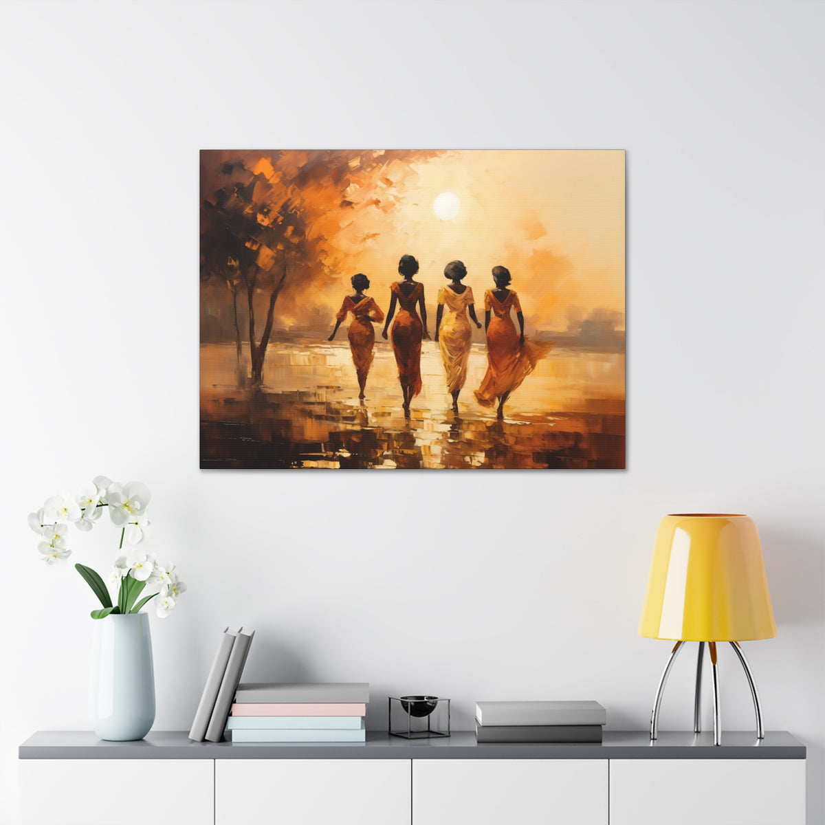 Four ladies by river bank sun Canvas Gallery Wraps