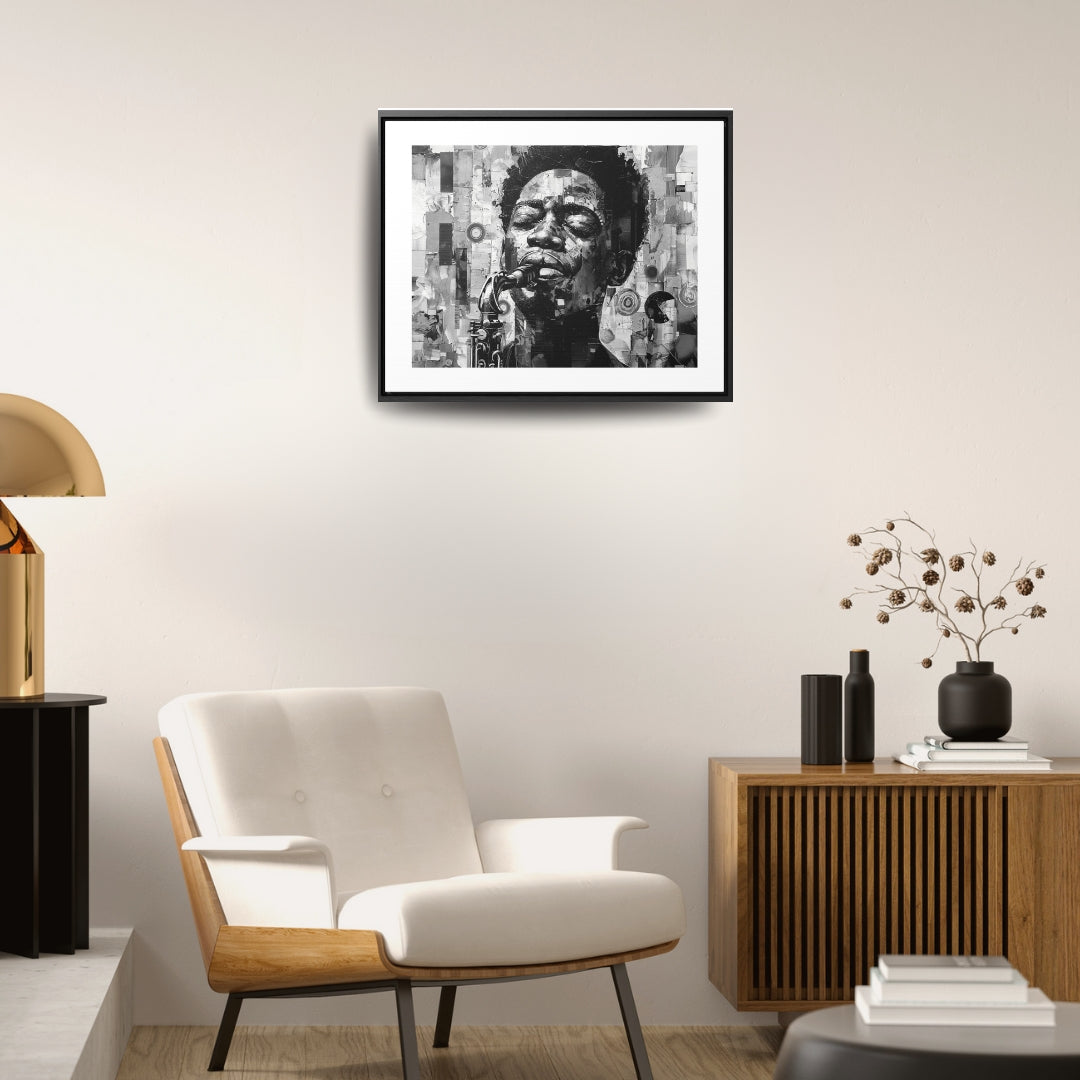 Soul of the Sax - Framed Canvas b&w Wall Art
