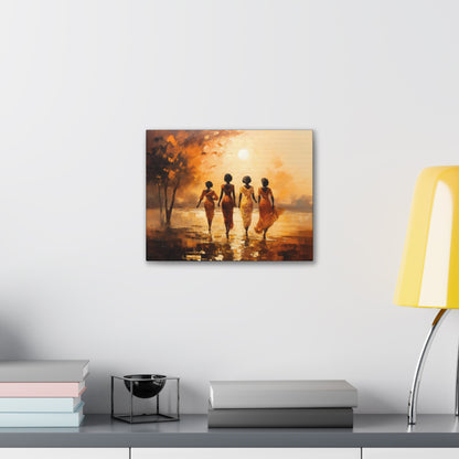 Four ladies by river bank sun Canvas Gallery Wraps