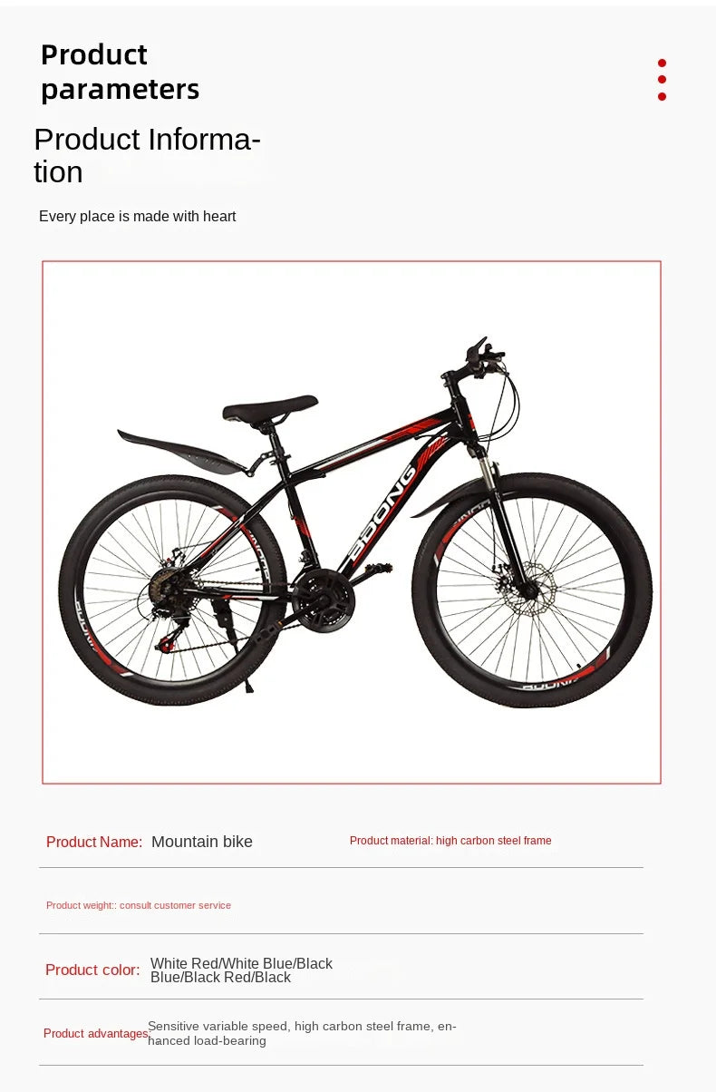 Mountain Bike with Dual Disc Brakes, High Carbon Steel Frame for Enhanced Load-Bearing Capacity, Provides Protection for Cycling