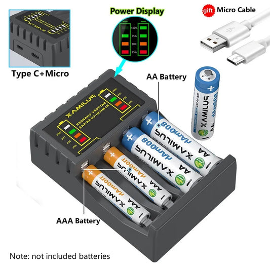 Battery Charger 4 Slot Intelligent Fast Charge with Indicator for 1.2V NiMH NiCd AAA/AA Rechargeable Batteries USB-C Micro Jack