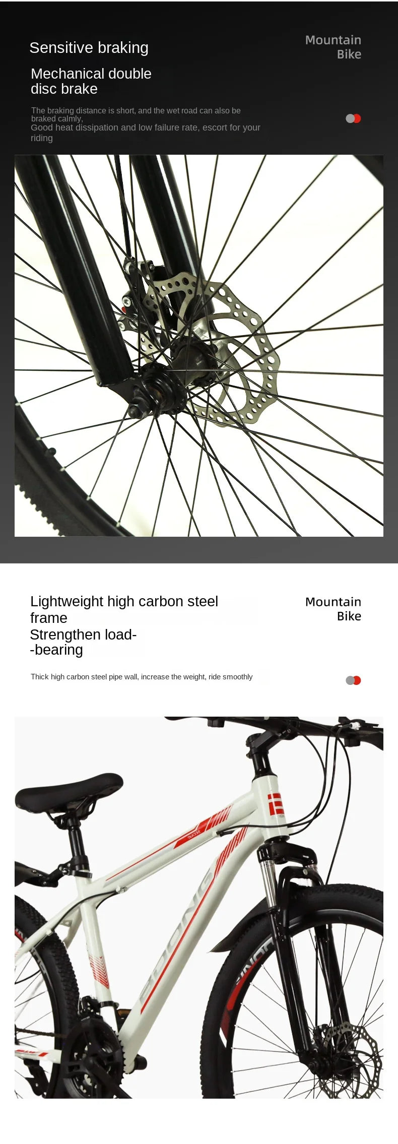 Mountain Bike with Dual Disc Brakes, High Carbon Steel Frame for Enhanced Load-Bearing Capacity, Provides Protection for Cycling