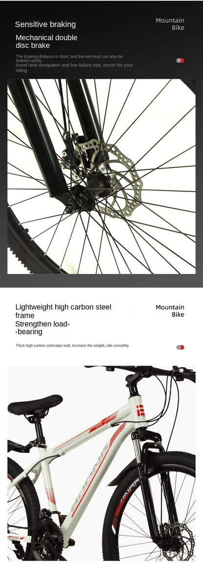 Mountain Bike with Dual Disc Brakes, High Carbon Steel Frame for Enhanced Load-Bearing Capacity, Provides Protection for Cycling