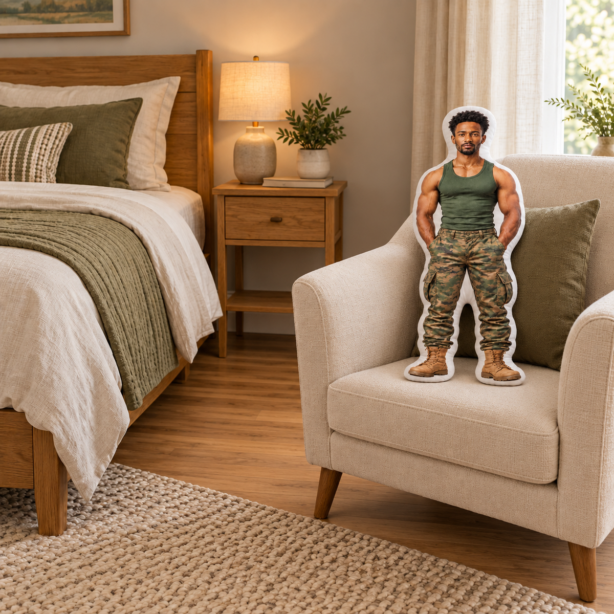 Future Self custom-shaped pillow example on a bedroom chair