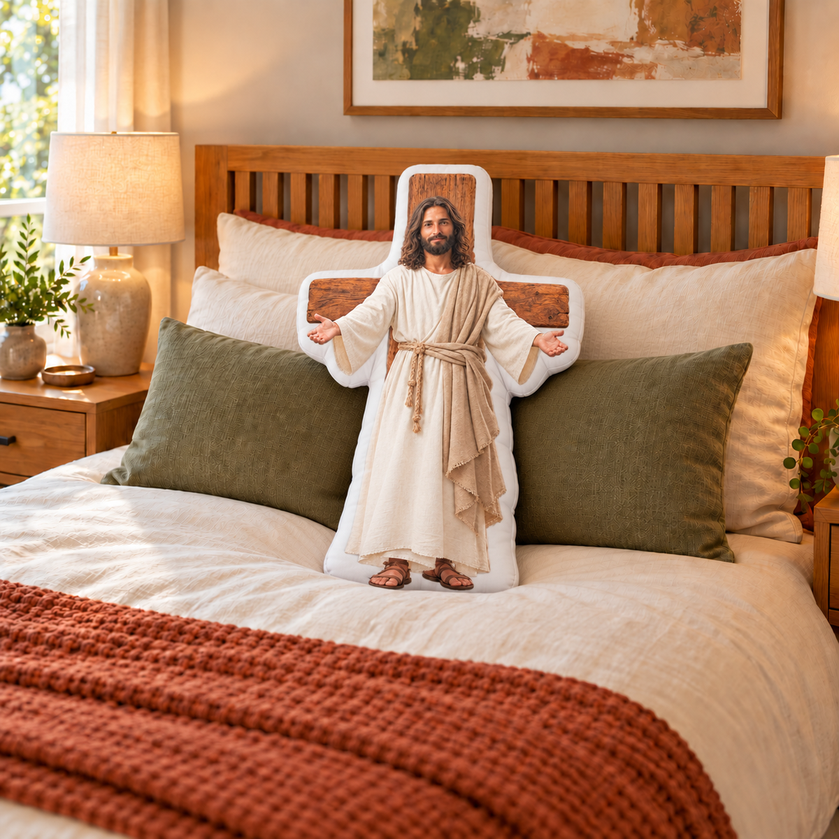 Illustrative Jesus’ Hug custom-shaped pillow resting against bedroom cushions