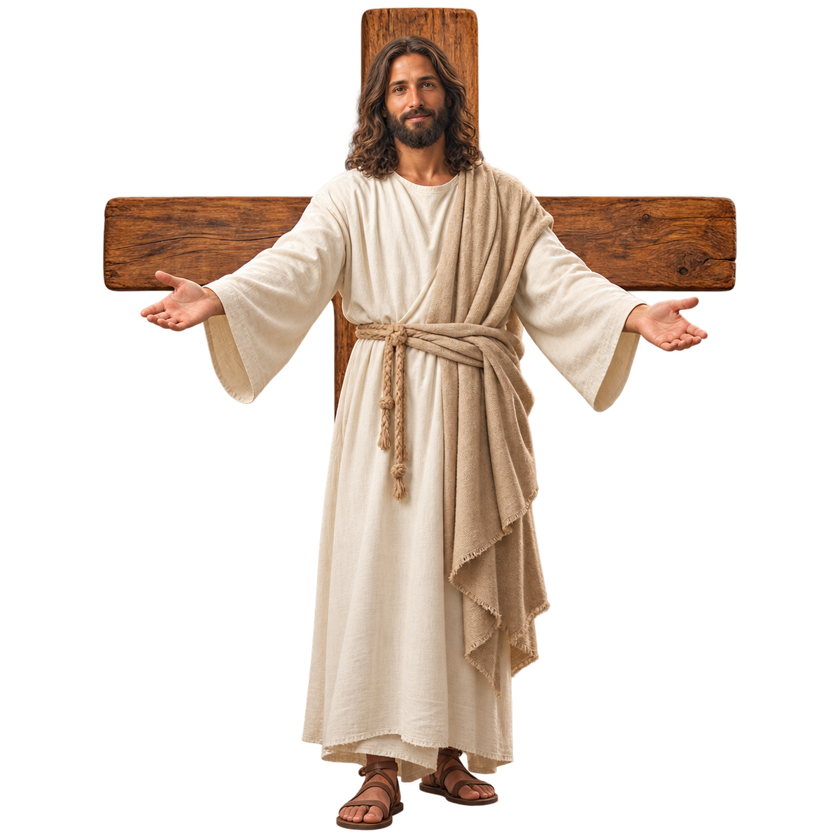 Illustrative Jesus’ Hug design with welcoming open arms, woven robe and a cross behind him