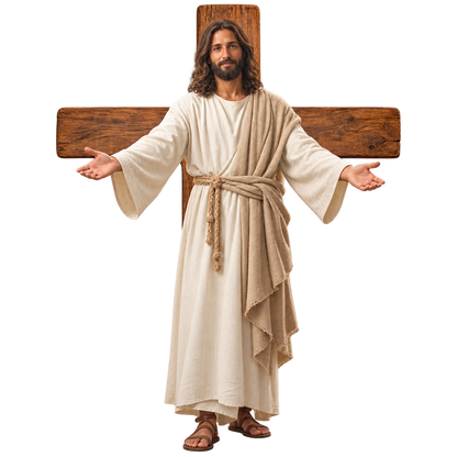 Illustrative Jesus’ Hug design with welcoming open arms, woven robe and a cross behind him