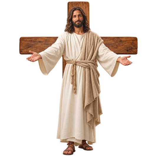 Illustrative Jesus’ Hug design with welcoming open arms, woven robe and a cross behind him