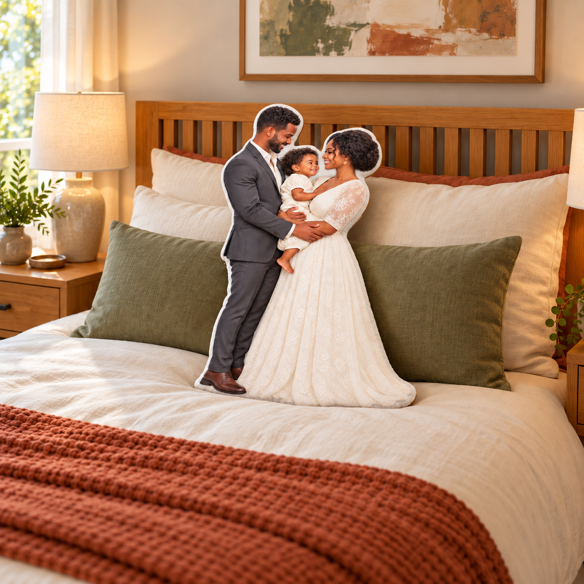 Illustrative Soulmates custom-shaped family pillow on a bedroom bed