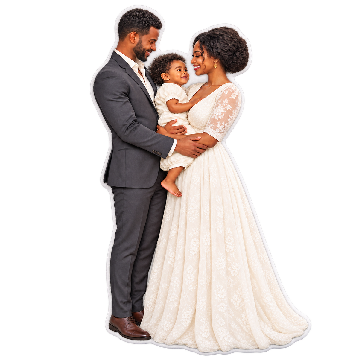 Illustrative Soulmates family pillow preview with a narrow white fabric border