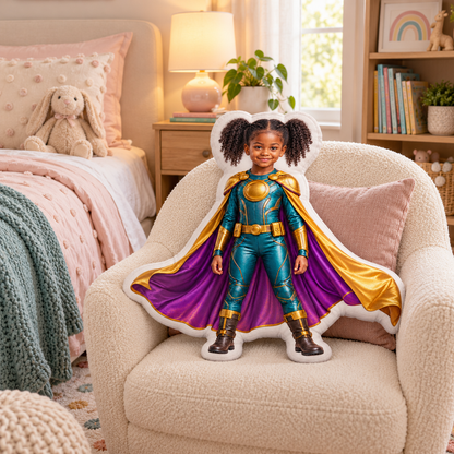 Superhero Child illustrative pillow mockup in a child's bedroom