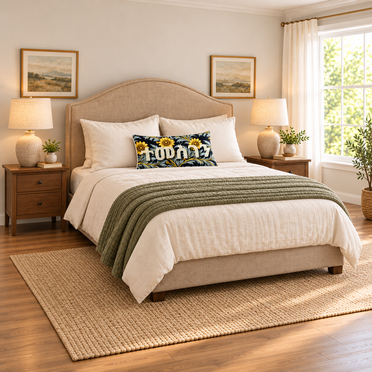 Illustrative Temesgen pillow in a bedroom with the entire bed visible