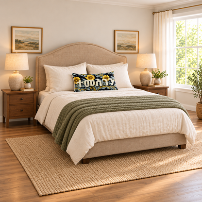Illustrative Temesgen pillow in a bedroom with the entire bed visible