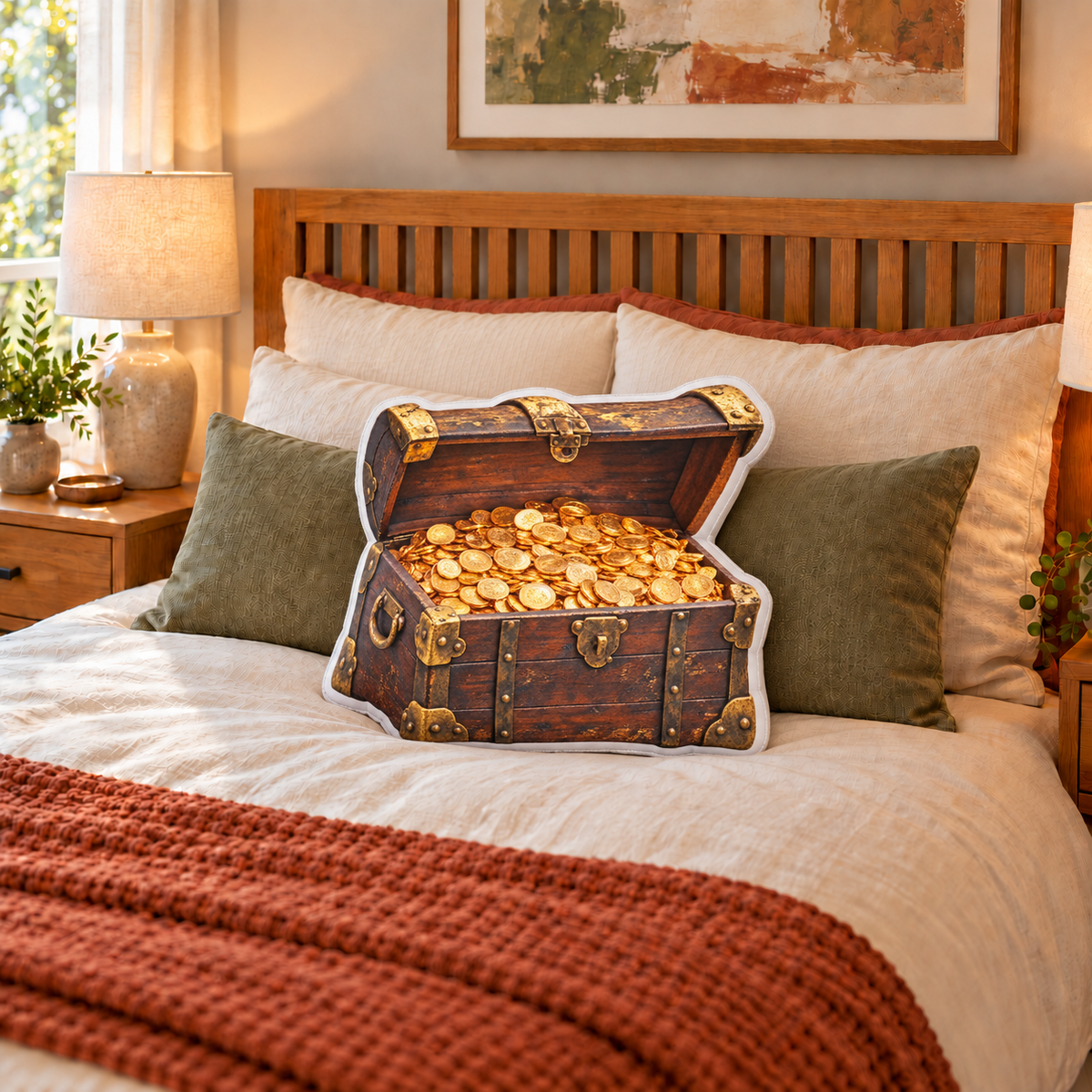 Illustrative Treasure Chest custom-shaped pillow against bedroom cushions