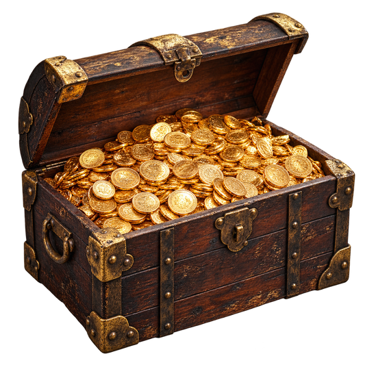 Example design of an open antique treasure chest filled with gold coins