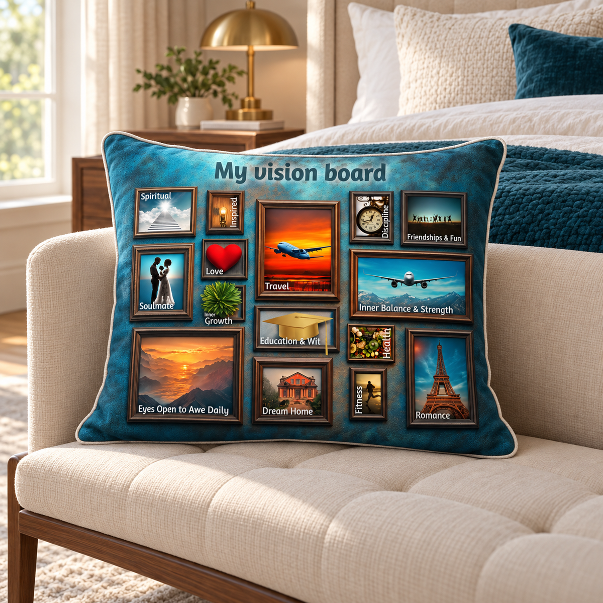 Illustrative My Vision Board pillow on a bedroom seat with the collage and labels visible