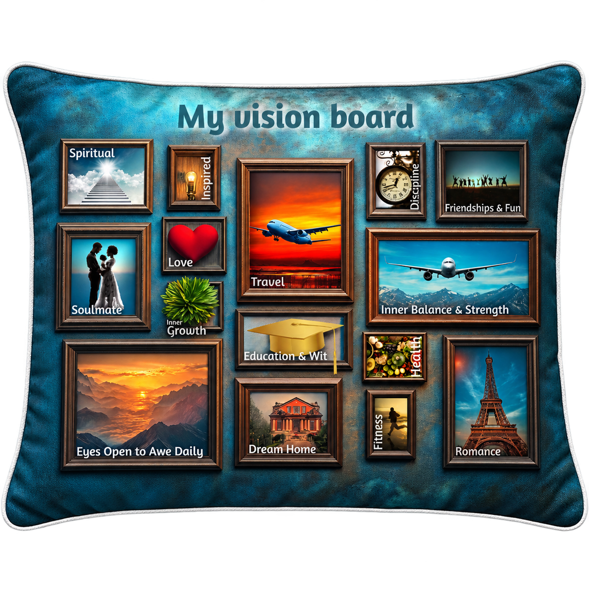 Illustrative My Vision Board pillow preview showing the framed pictures and labels