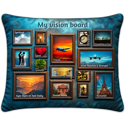 Illustrative My Vision Board pillow preview showing the framed pictures and labels